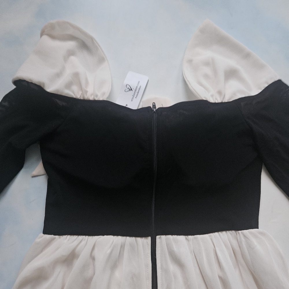 Coquette Black & Cream Off-Shoulder Dress Chiffon Feminine Mini Dress - Picture 15 of 16